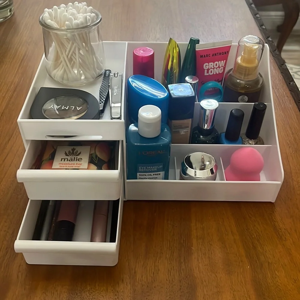 New White Makeup Organizer Vanity Bathroom Countertop Cosmetics with Drawers